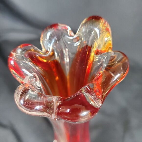 Vintage Amberina Red Orange Art Glass Bud Vase | Mid Century Hand Blown Ruffled - Picture 5 of 13